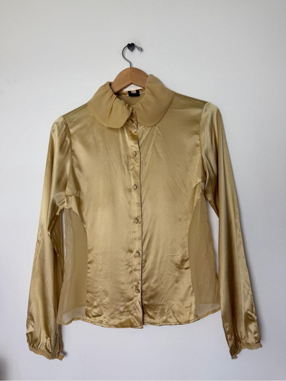 Vintage Cat Swanson Gold Silk Button-Front Blouse with Peter Pan Collar